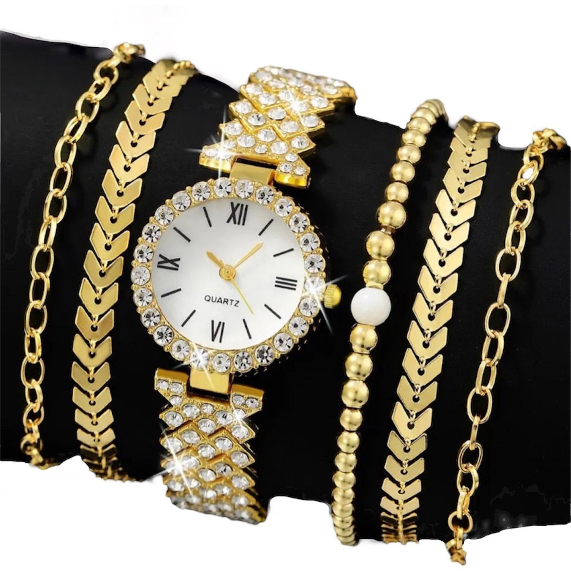 Conjunto De Joyería 6 Piezas Reloj De Cuarzo Con Diamantes De Imitación Para Mujer
